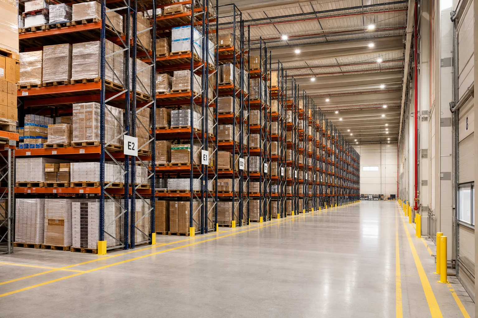 Modern warehouse interior with tall pallet racking
