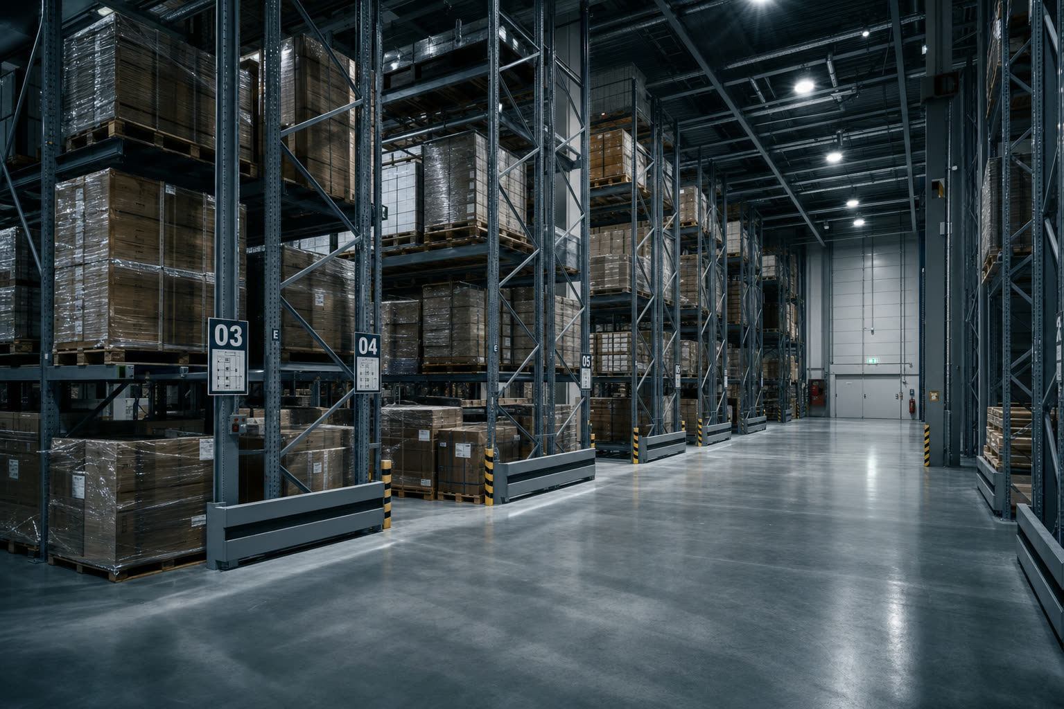 Modern warehouse interior with tall blue-grey pallet racking
