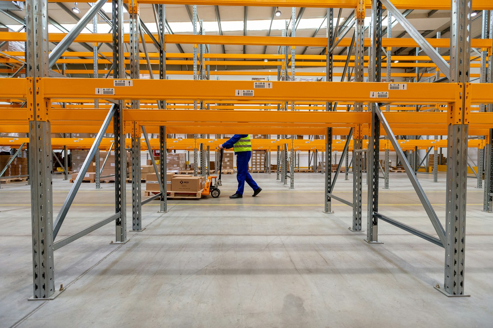 Warehouse worker moving stock with a pallet truck beneath tall pallet racking beams and steel uprights, reflecting hands-on experience with racking and warehouse design