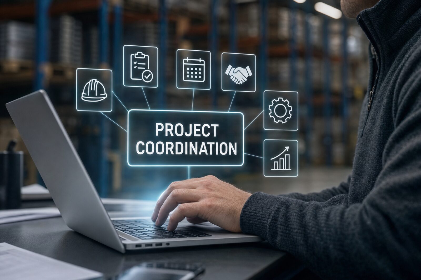 Project coordination digital overlay showing checklist, calendar, handshake and progress icons above a laptop on a warehouse site desk