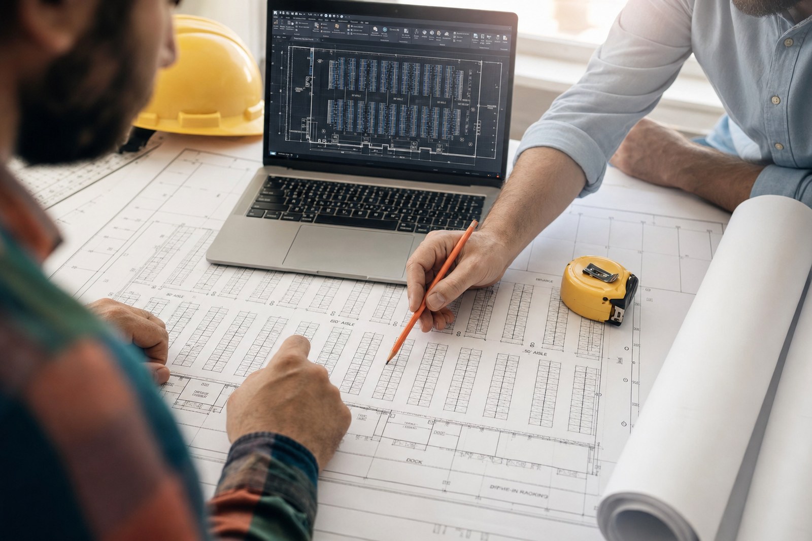 Two people reviewing a printed 2D pallet racking layout plan on a table, with a laptop showing the same warehouse racking CAD design on screen