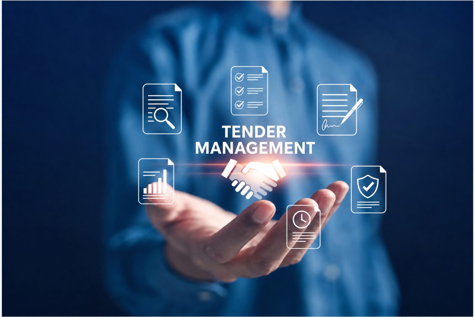 Tender management digital overlay showing supplier review, evaluation, contract, comparison, lead time and compliance document icons above an open hand